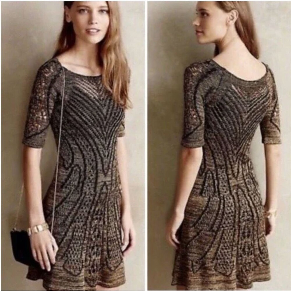 Cecilia Prado Anthropologie Open Knit Metallic Sweater Dress Black Gold Small